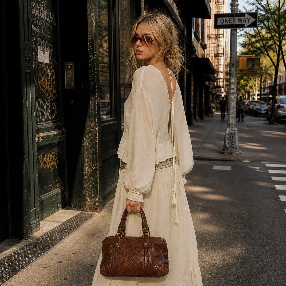 Elliot Lucca Brown Leather Satchel Y2K Woven Detail Top Handle Bag